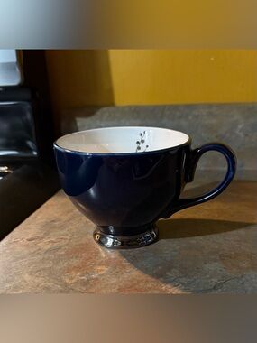 Navy Blue Ceramic Footed Teacup with Silver Rim